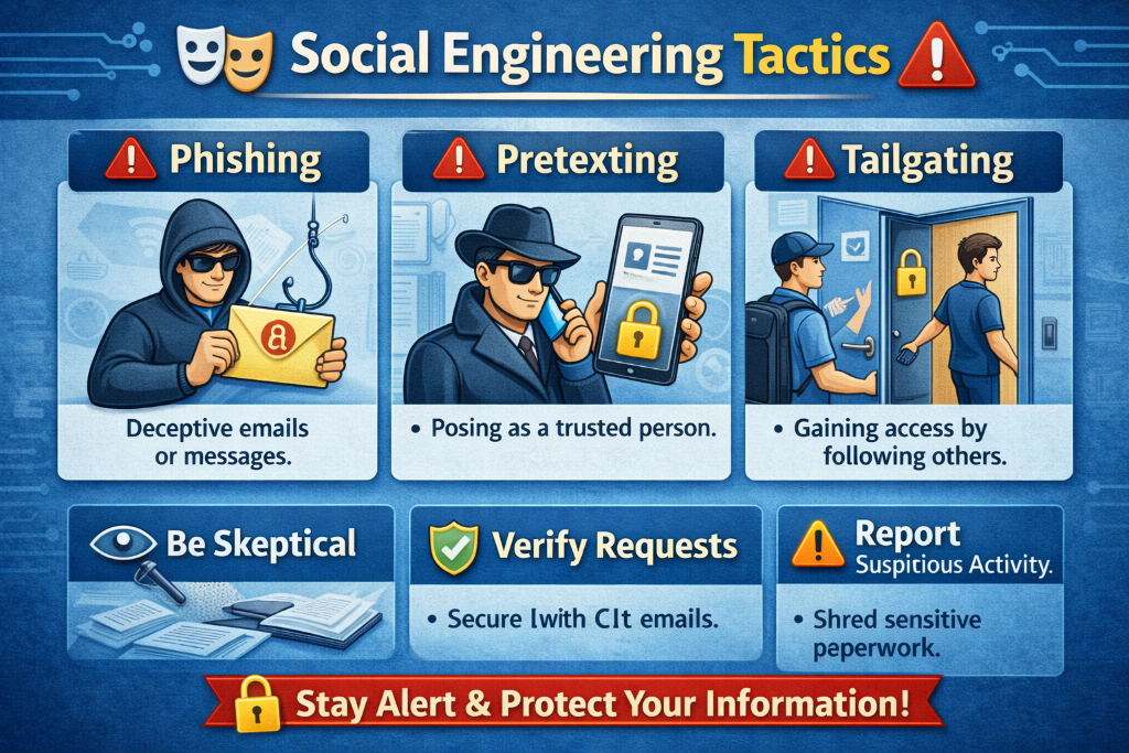 טקטיקות הנדסה חברתית - Social Engineering Tactics: Phishing, Pretexting, Tailgating. אינפוגרפיקה המציגה את שיטות ההתקפה השונות, בדיקת פישינג ובדיקות פישינג לזיהוי נקודות תורפה, וכיצד להגן מפניהן באמצעות תרגילי פישינג והעלאת מודעות עובדים